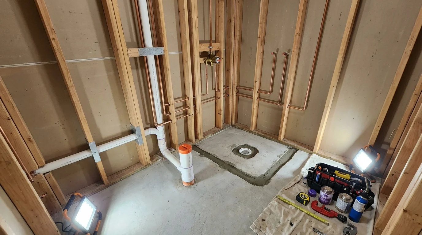 Bathroom rough-in plumbing during remodel by Johns Plumbing LLC in Dacula