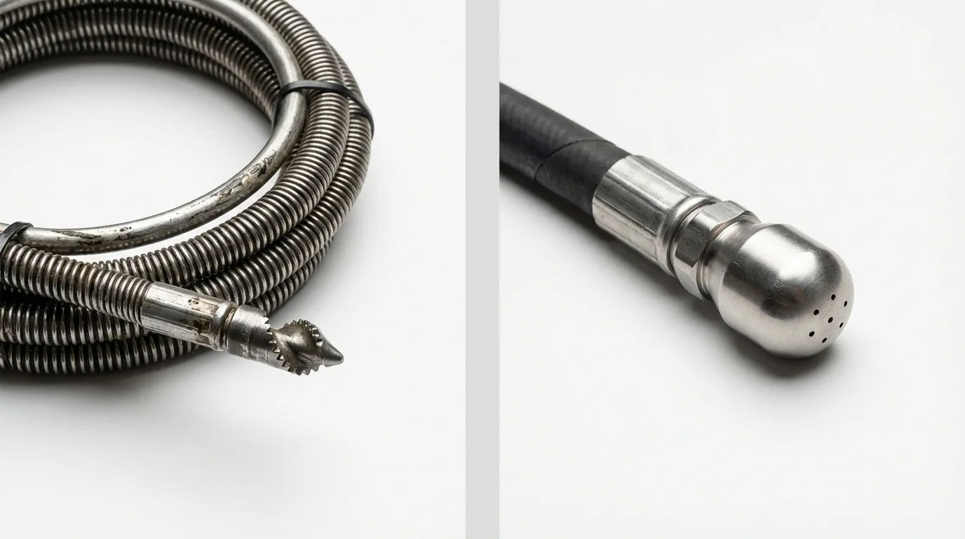 Drain snake cable and hydro jetting nozzle used for drain cleaning in Dacula, GA