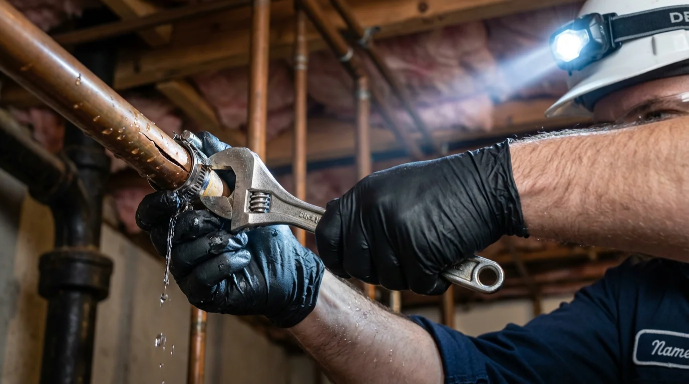 Emergency pipe clamp repair being performed by a Johns Plumbing LLC plumber in Dacula